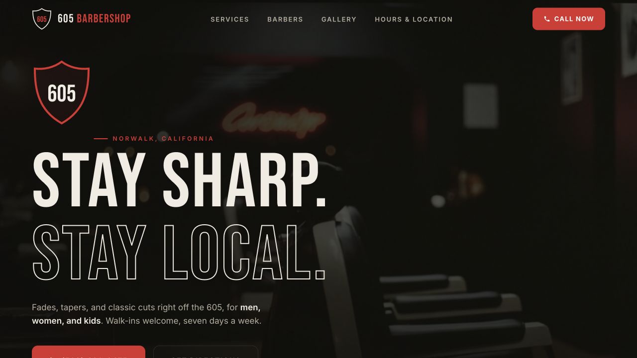 605 Barbershop website homepage with Stay Sharp Stay Local headline