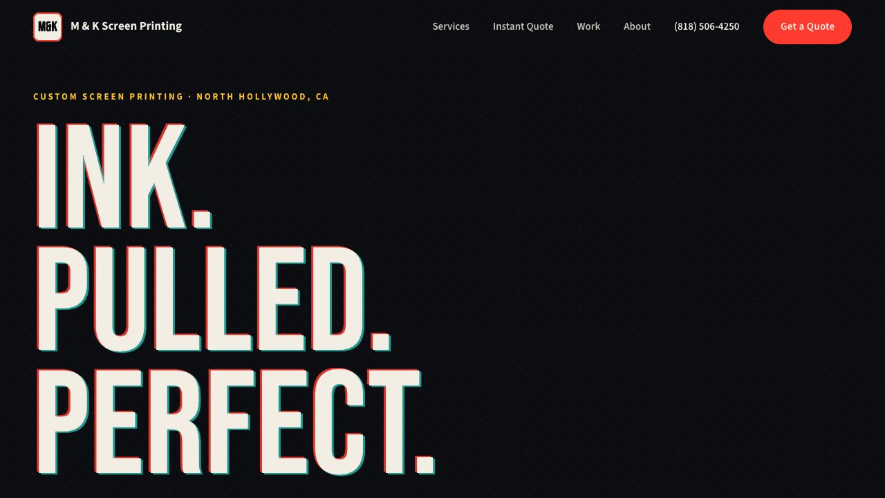M and K Screen Printing website with custom apparel pricing